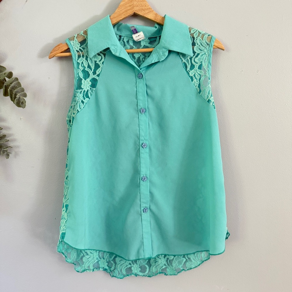 Celeste Blouse Button Up Coastal Y2K Aqua Mint Floral Lace Back Hippie Festival